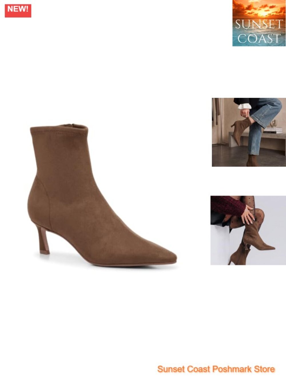 Womens Pointed Toe Ankle Boots Kitten Heel Faux Suede Side Zipper Booties
